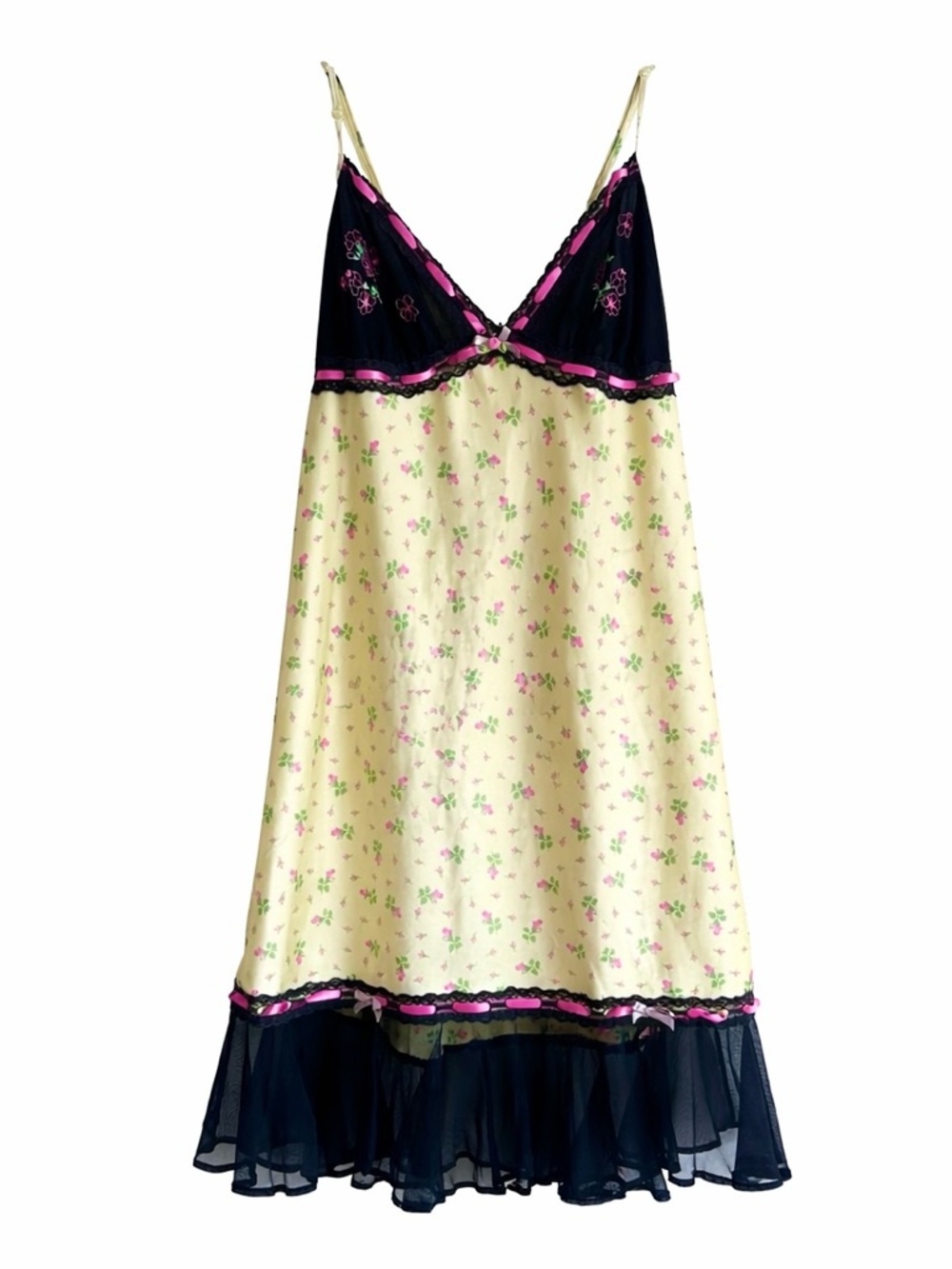 Y2K Betsey Johnson Butter Yellow Floral Babydoll Satin Slip Dress